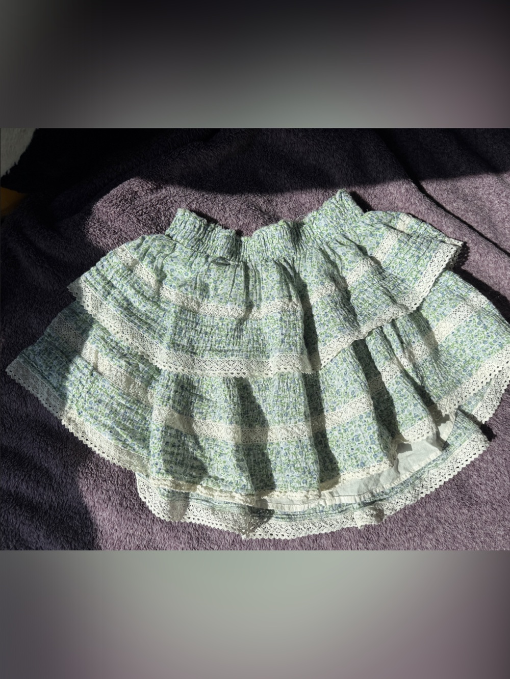 Aerie Green Floral Tiered Smocked Skirt with Lace Trim